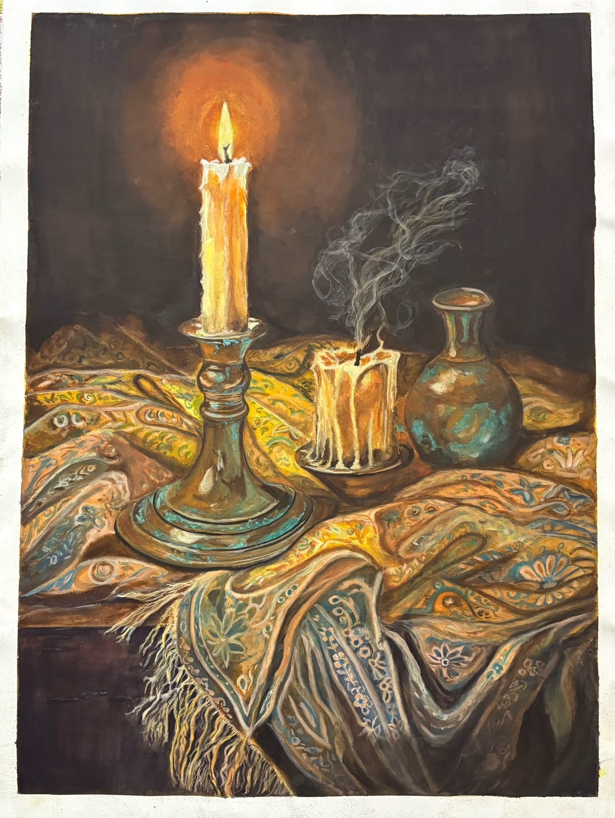 Candle Light, a watercolour still life by Ujwal Patil: a tall lit candle glowing against a dark ground, a turquoise-patinated candle holder, a smoking candle stub and a vase, on a shawl dense with paisley and floral pattern