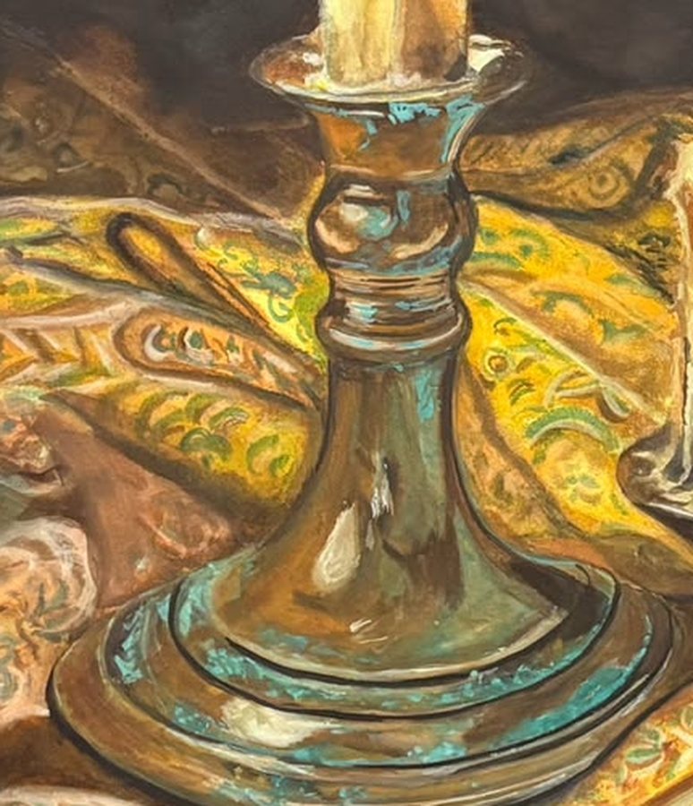 Detail: the candle holder's base, worked in bronze and bright turquoise patina, with the patterned yellow shawl behind it