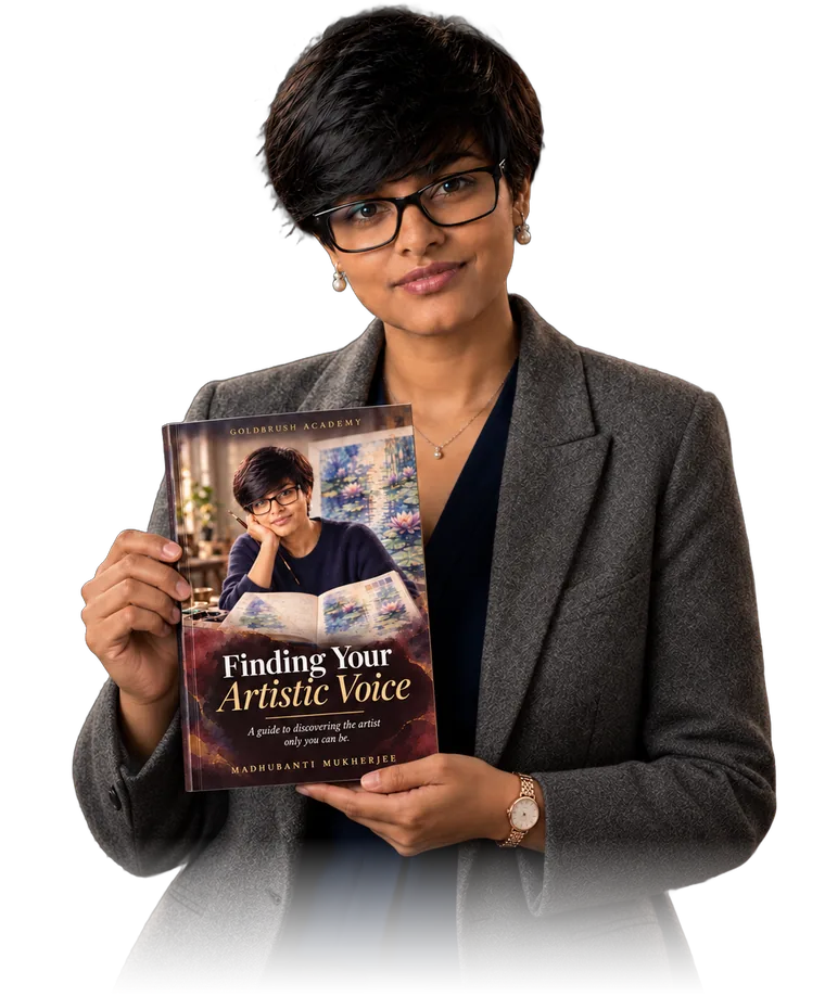 Madhubanti Mukherjee holding a copy of Finding Your Artistic Voice