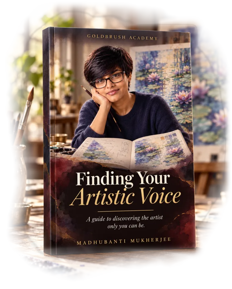 Finding Your Artistic Voice, a handbook by Madhubanti Mukherjee, GoldBrush Academy, standing on a painter's studio table