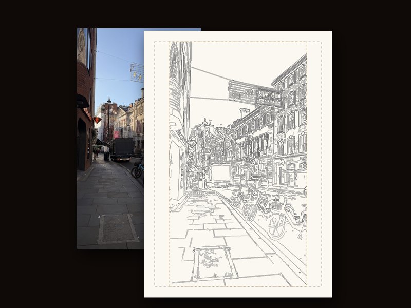 A London street photograph beside the clean pencil outline the tracer drew from it, placed on a sheet of A4