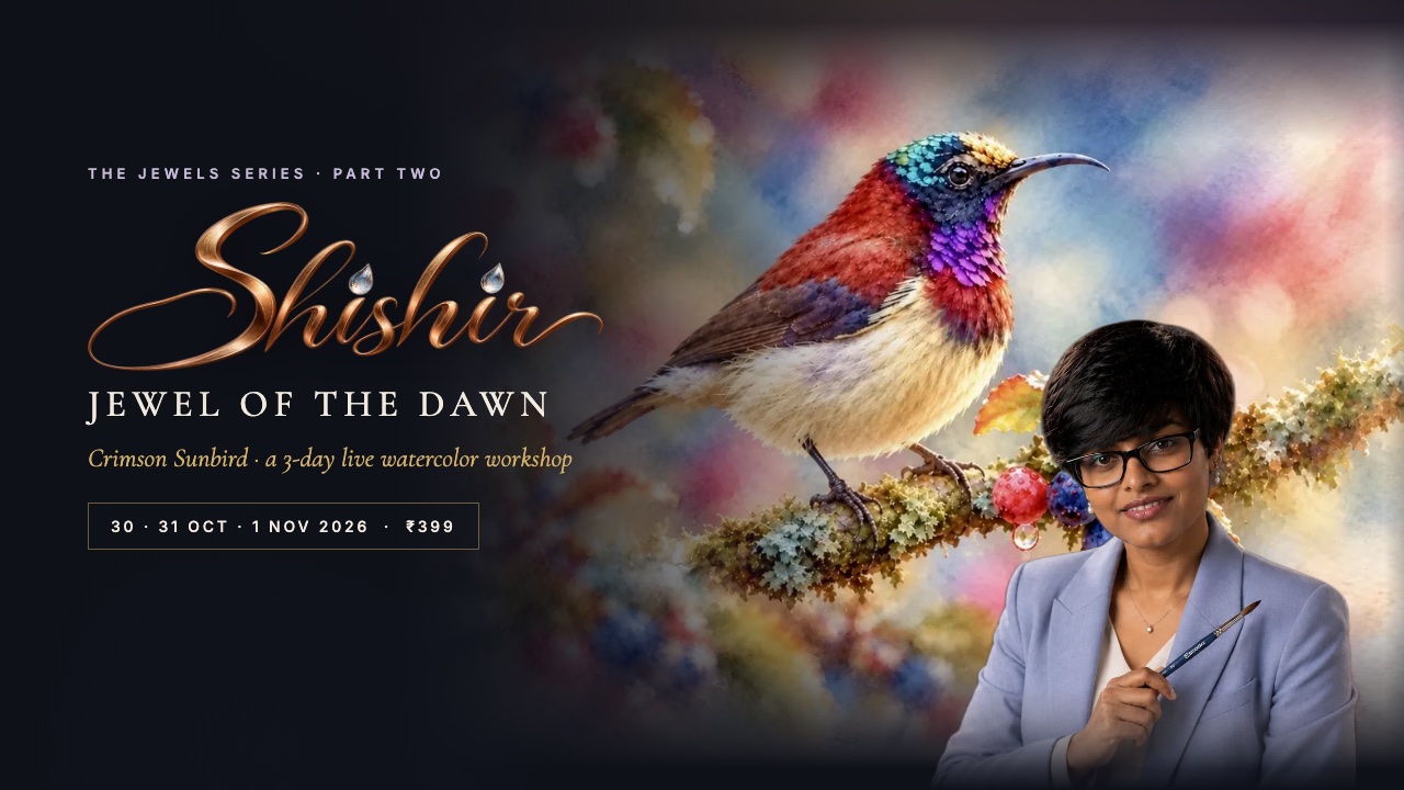 Shishir — Jewel of the Dawn: a three-day live watercolor workshop painting a crimson sunbird with Madhubanti Mukherjee, 30–31 October and 1 November 2026, ₹399
